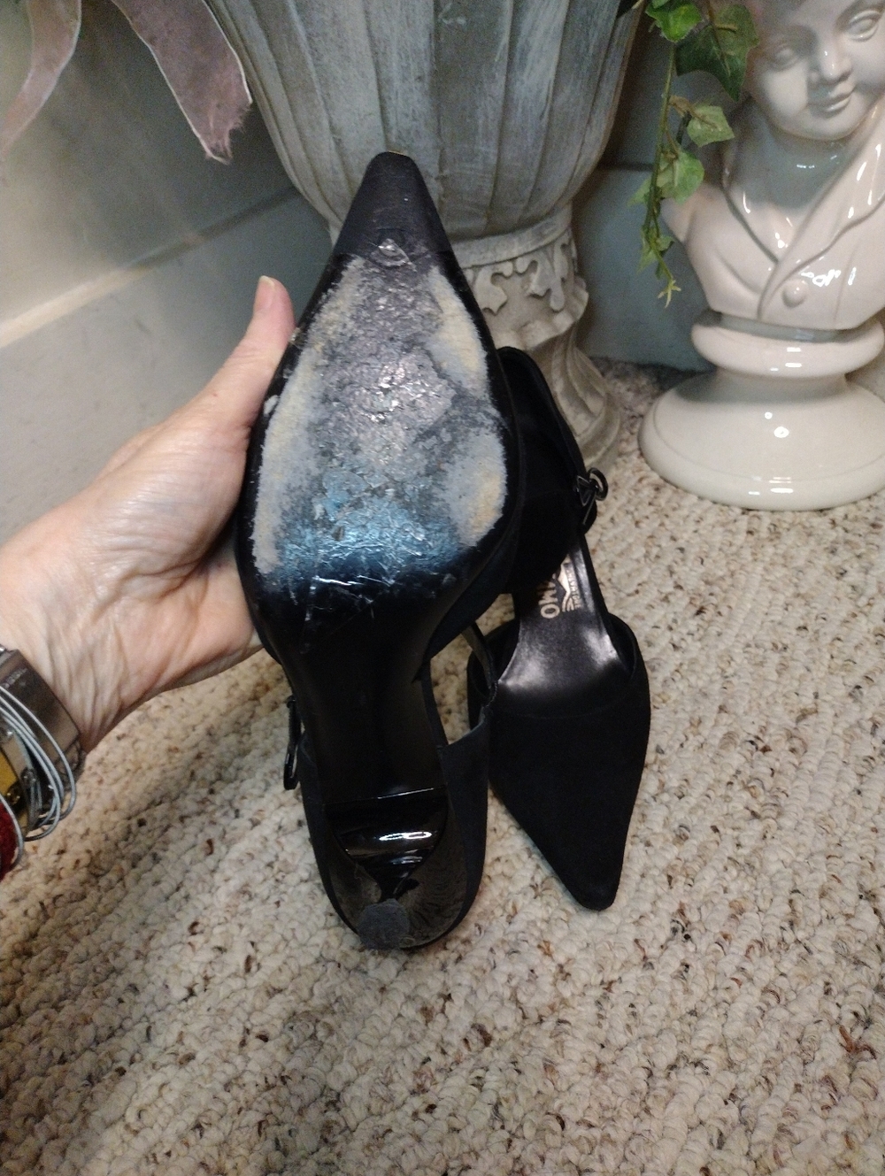 Salvatore Ferragamo Brigida Vintage Black Suede/Patent Leather Pointed Toe Pumps - Picture 8 of 9